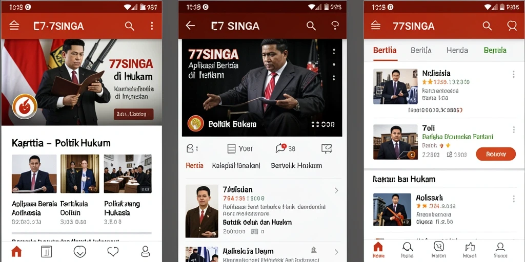 Tampilan antarmuka aplikasi 77SINGA menunjukkan berita politik dan hukum.